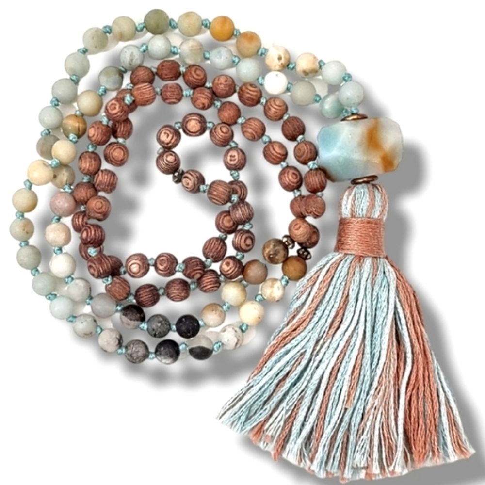 Mala Prayer Bead Necklace Handmade New Earth Tones 20"